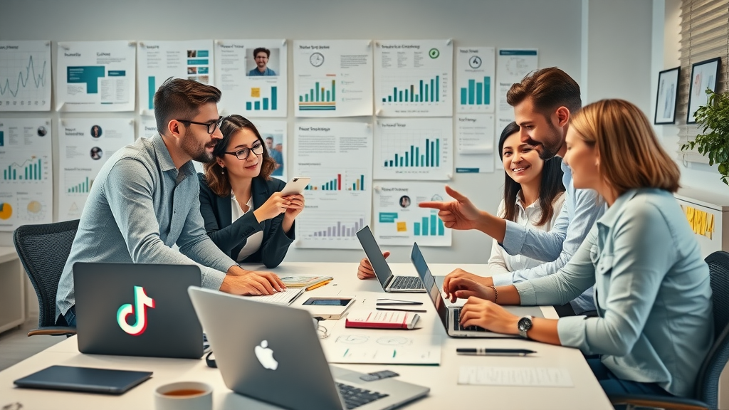 Focused marketing team collaborating on TikTok marketing strategy with campaign graphics and TikTok branding