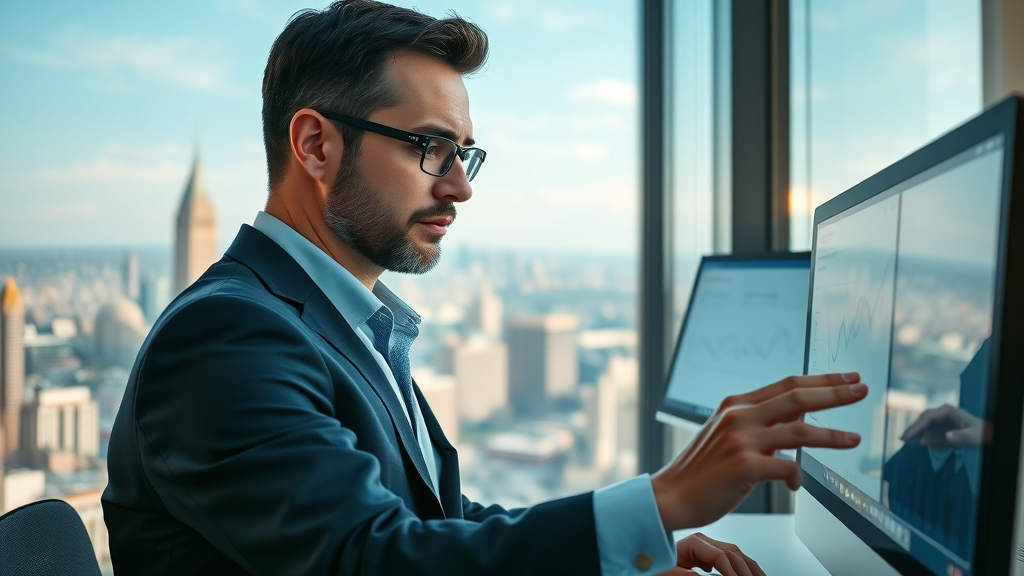 Professional real estate portfolio manager analyzing performance dashboard in modern office