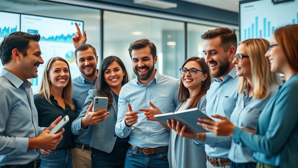 Digital marketing strategies team reviewing data and analytics in a high-tech office