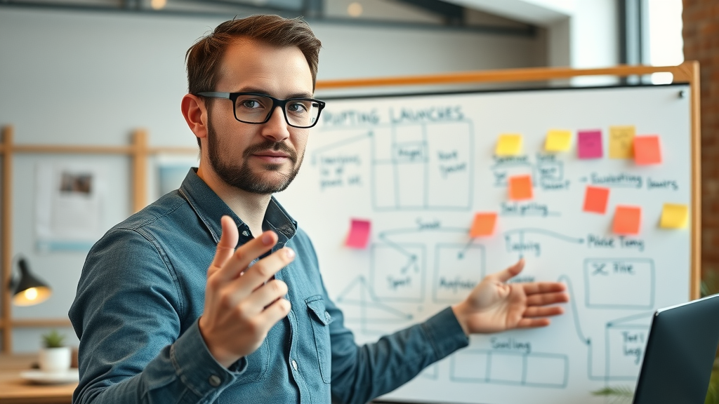 digital strategist planning the launch of an independent media hub website on whiteboard with digital diagrams