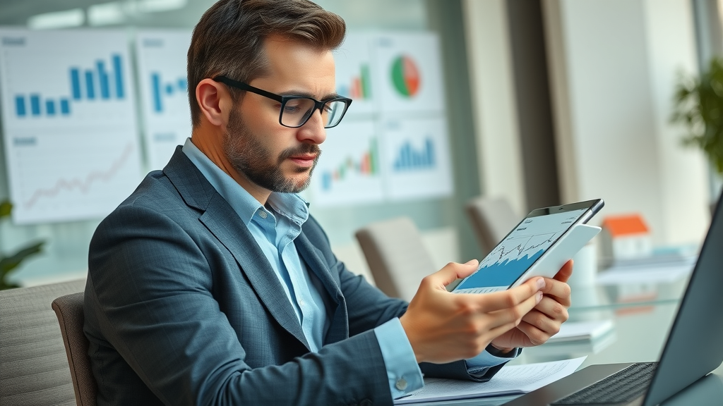 Professional real estate investor analyzing housing market data on a digital tablet for real estate investment planning