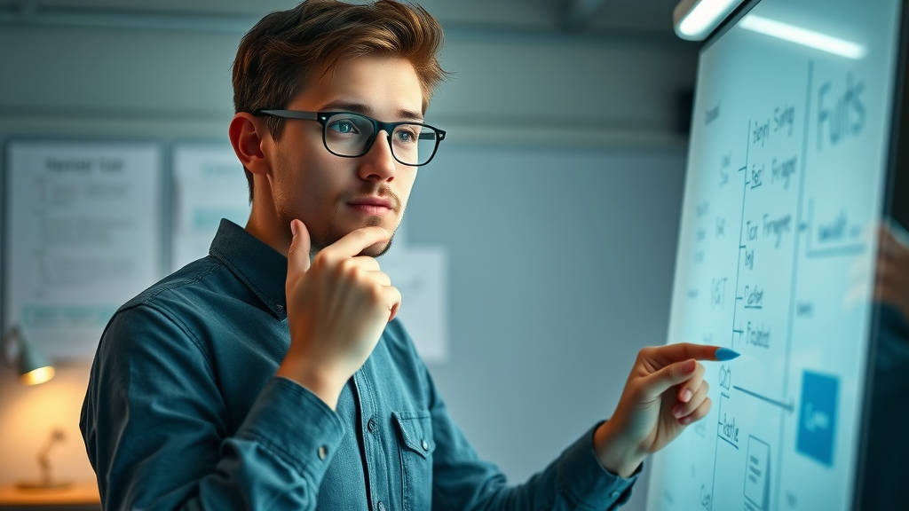 Digital content brainstorming thoughtful professional mapping ideas on digital whiteboard in tech office