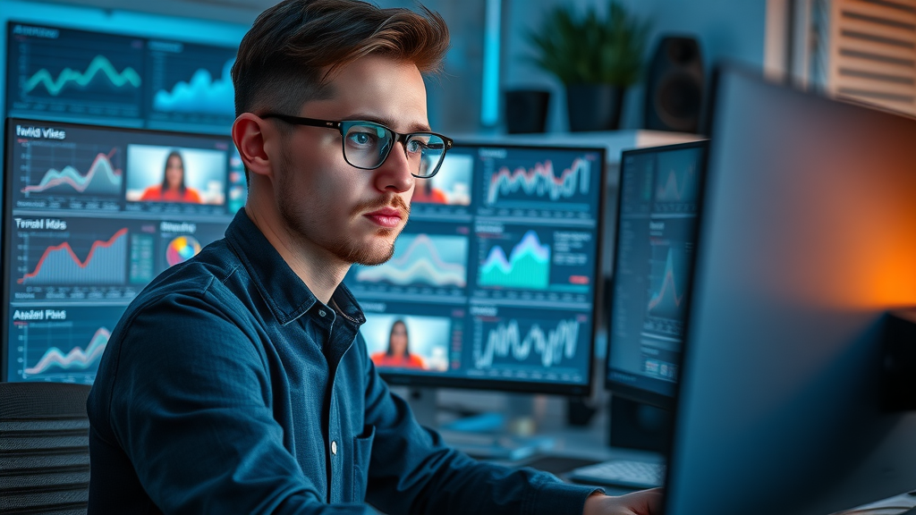 young marketer analyzing short-form video performance metrics for digital marketing campaign