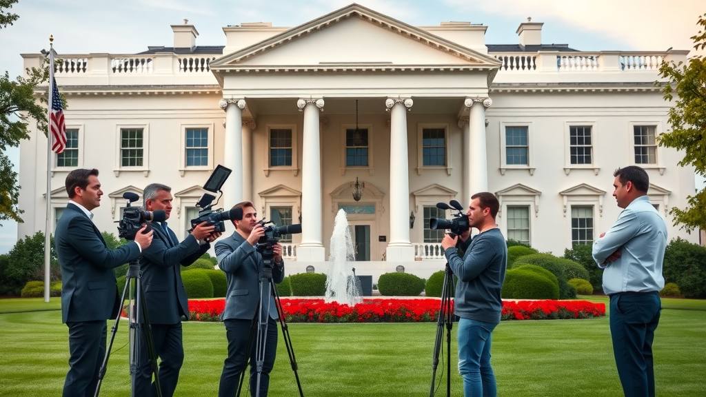 white house front lawn journalists live-reporting online news platforms iconic facade dynamic action