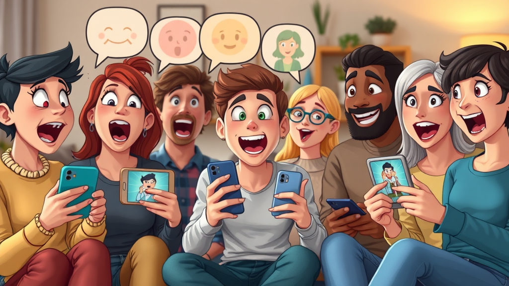 mobile video marketing diverse audience reacting to viral mobile video ads in colorful social space