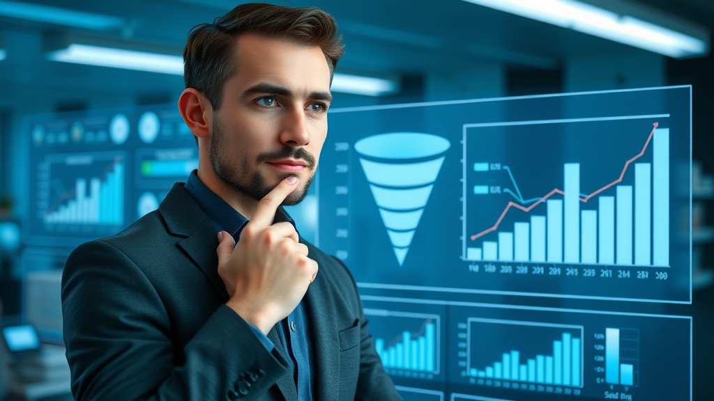 Digital marketer explaining digital marketing leads using a funnel diagram in a high-tech office