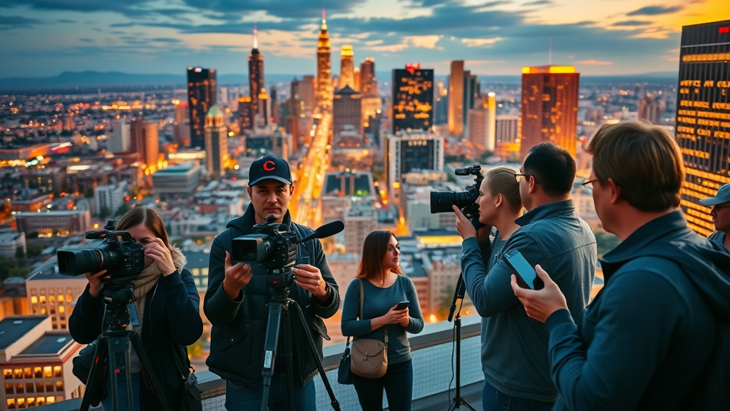 dynamic city los angeles reporters interviewing locals online news platforms engaged professional vibrant city lights