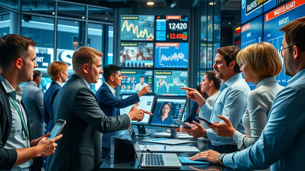 Dynamic newsroom scene with diverse journalists discussing breaking news in a modern digital newsroom, independent journalism online