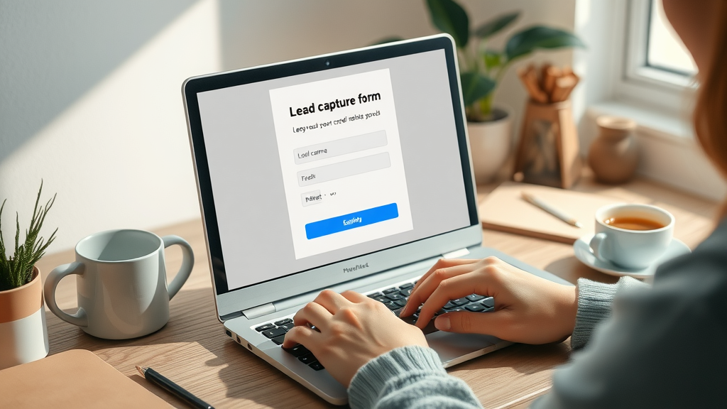 Lead capture form for lead generation tactics. Minimal workspace, user types in information