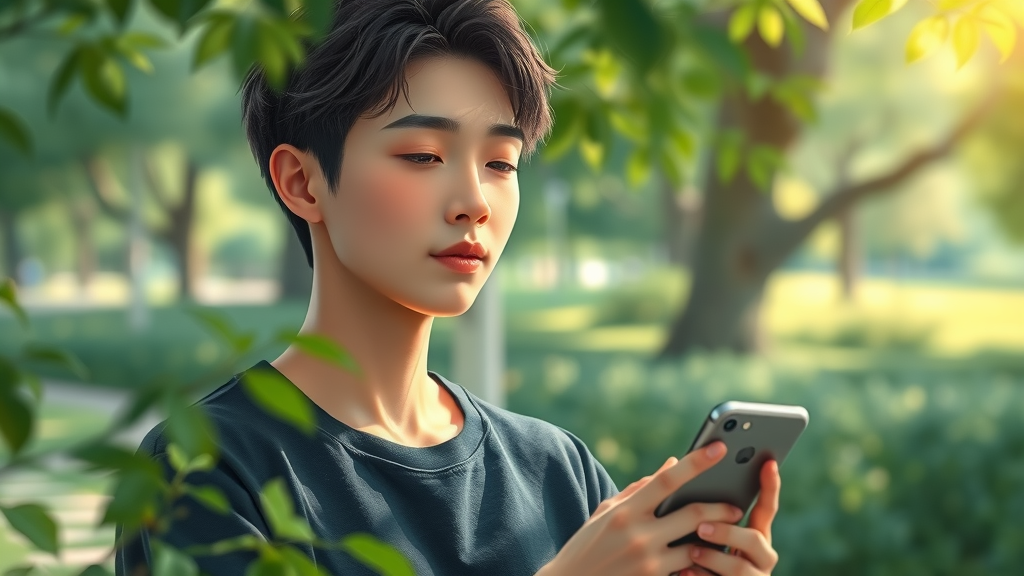 Reflective young adult balancing digital media advantages with mental health, meditating beside smartphone in a tranquil park