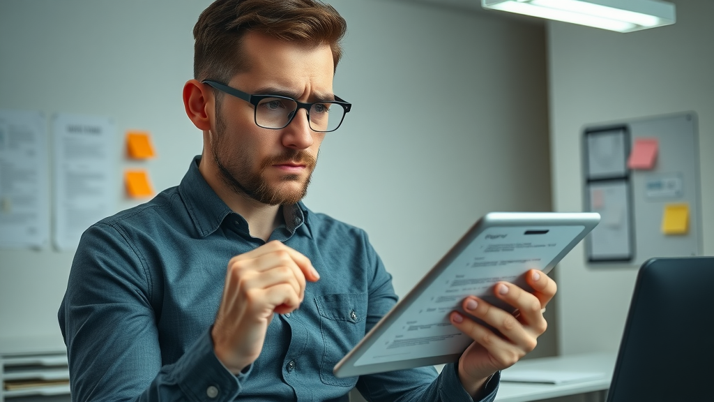 concerned affiliate marketer reviewing compliance checklist, digital tablet in minimalist legal office