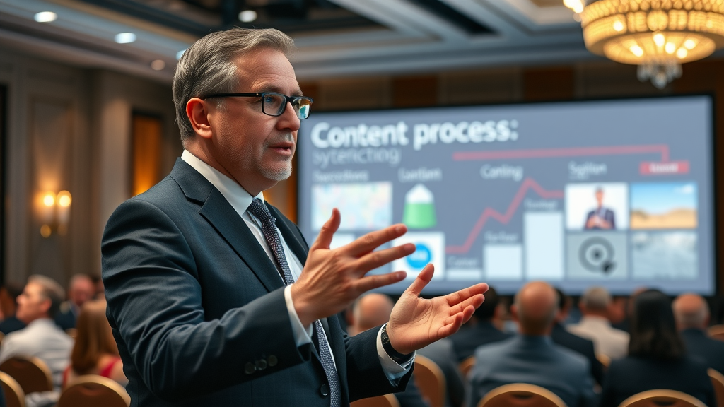 content creation process industry expert giving strategic advice with a visual presentation in a conference setting