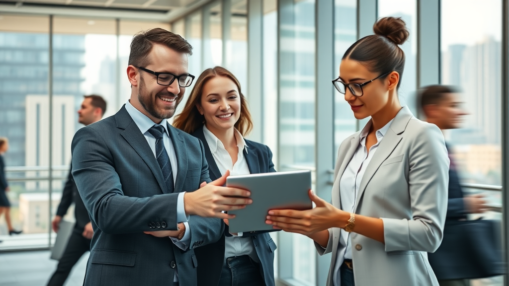 dynamic business professionals discussing B2B lead generation strategies in a modern office