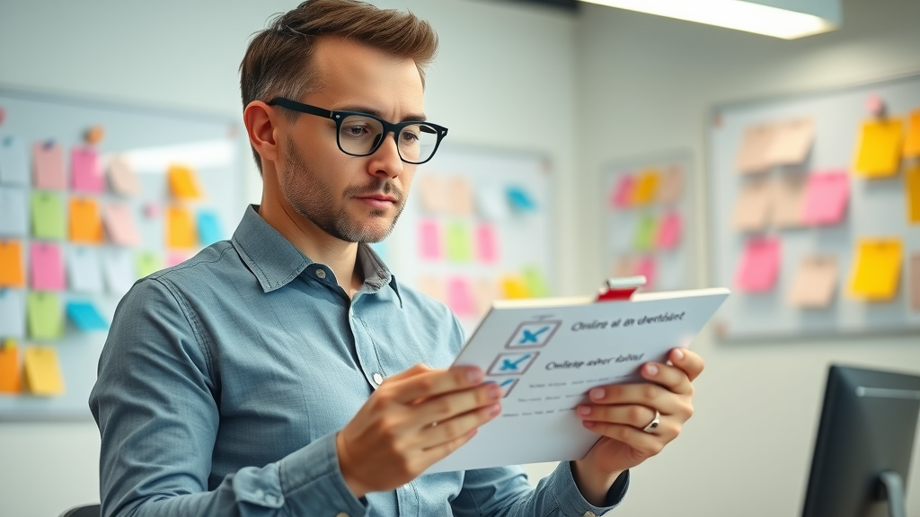 Marketing manager reviewing online advertising checklist for small businesses, ensuring best practices in a bright office.
