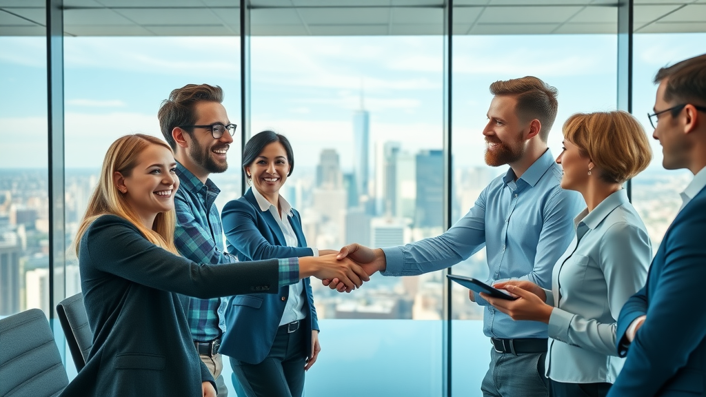 Cross-functional marketing and sales team aligned on lead generation strategy, using digital touchscreens