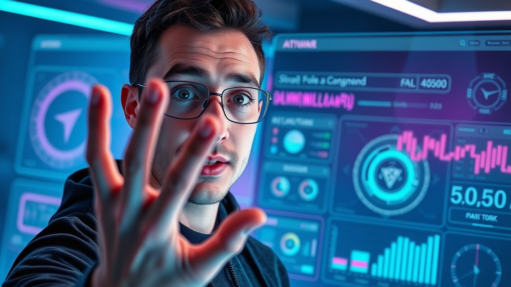 Designer exploring futuristic AI-driven media platform dashboard with advanced analytics and AR features