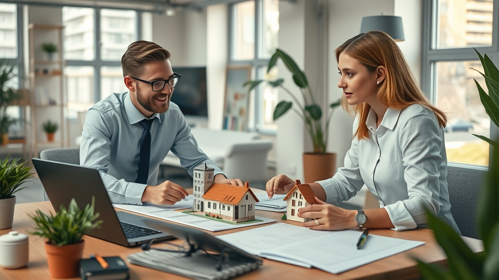 dynamic real estate agents discussing housing supply, demand and home sales charts in a spacious real estate office