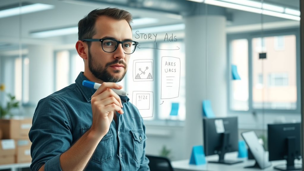 Marketer planning digital ad storyboard, illustrating successful online advertising strategies