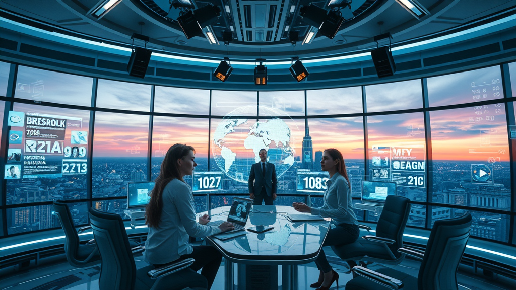 futuristic hybrid newsroom team using holographic screens to manage multi-channel media outlets and websites