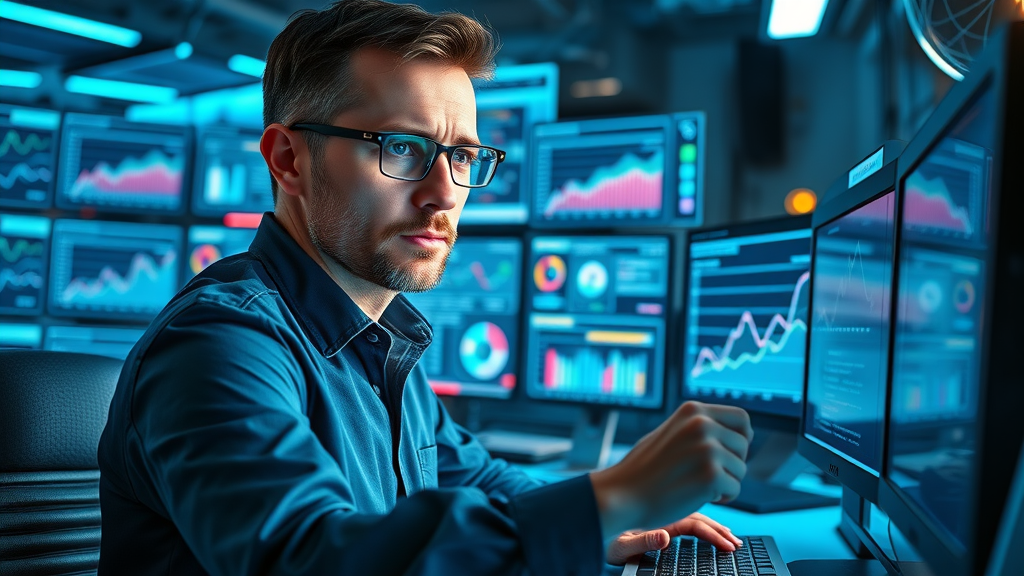 digital marketer analyzing SEO affiliate link clicks data with futuristic tools, high-tech affiliate marketing workspace