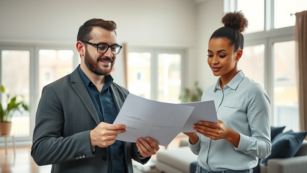 property manager: attentive landlord interviews tenants and reviews paperwork for rental property leasing