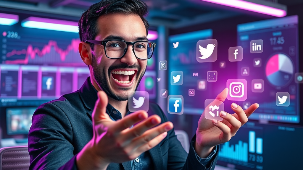marketer launching social media campaign, floating icons, futuristic office, vibrant analytics