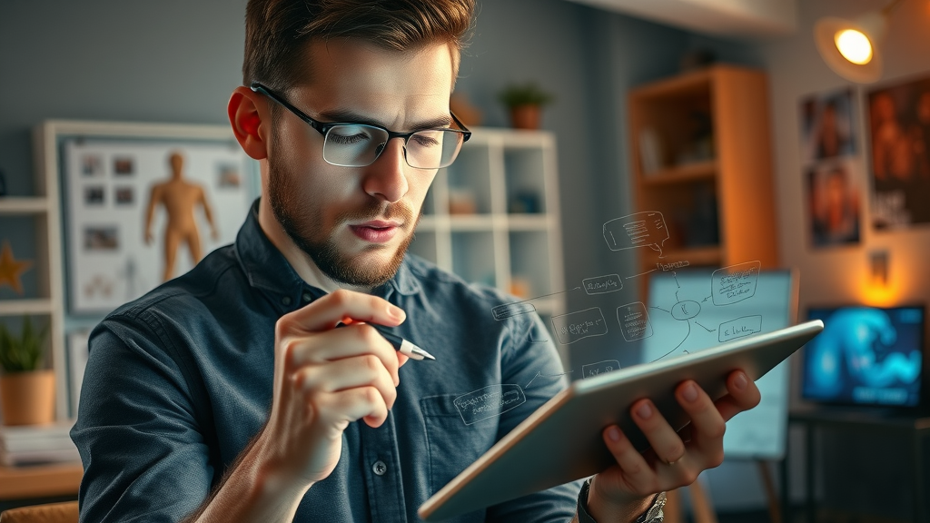 Mind mapping in digital content brainstorming with marketer sketching ideas on digital tablet