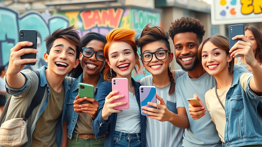 instagram and tiktok users, gen z and millennials, taking selfies for social networks comparison in vibrant city background