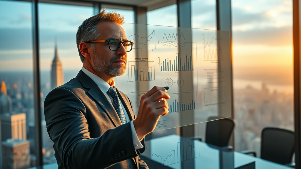 Visionary real estate investor mapping objectives for portfolio management strategy on glass board