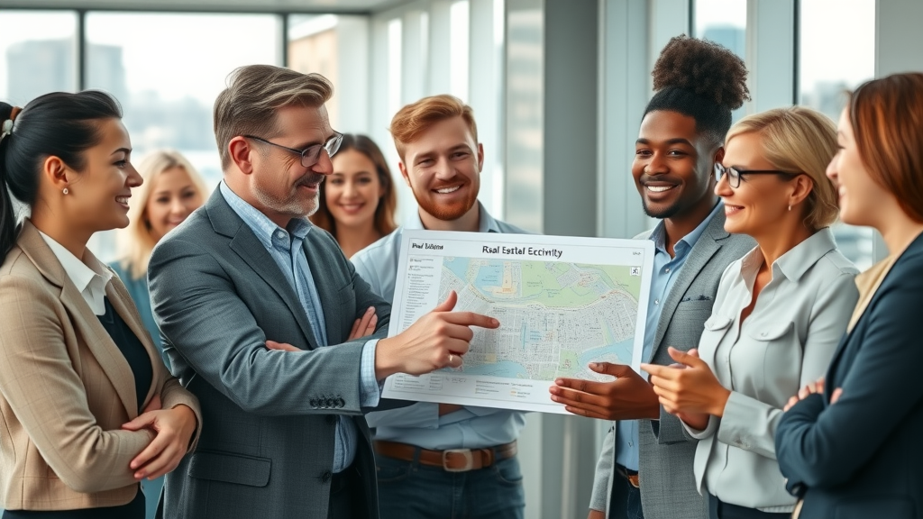 Professional real estate mentor guiding new agents, digital property map, modern office, city view, real estate mentor benefits
