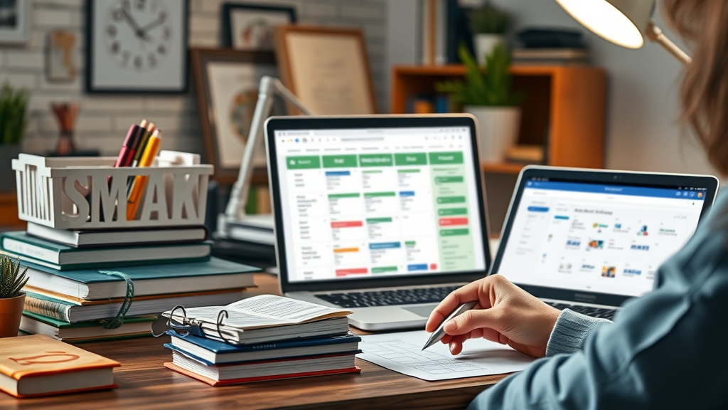 Home office with real estate mentorship books, online course, laptop, event calendar, organized resources, real estate mentor benefits