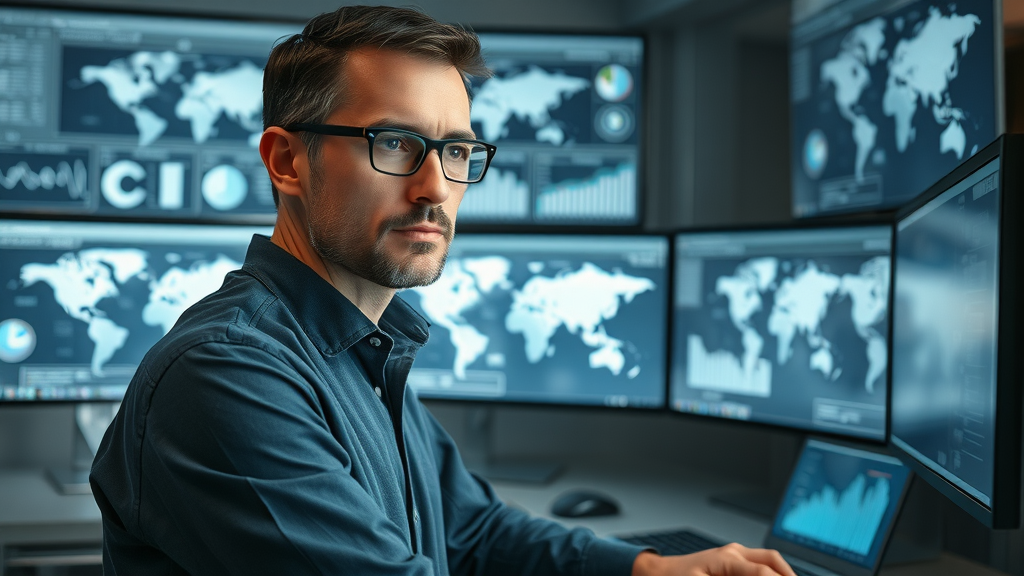 Traffic monetization strategies data analyst reviewing anonymized analytics dashboard, high-tech control center