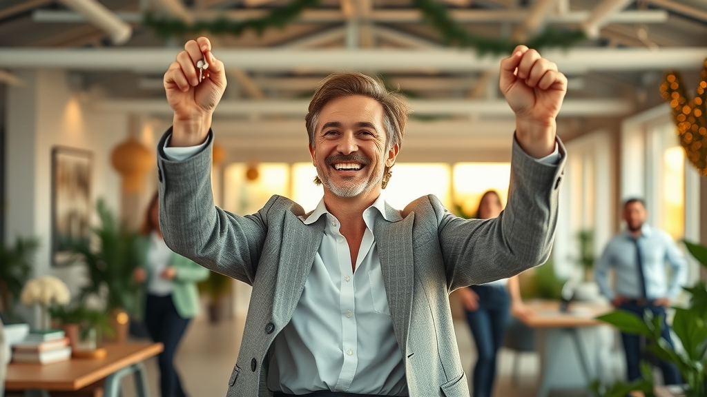 successful real estate agent celebrating with house keys after coaching