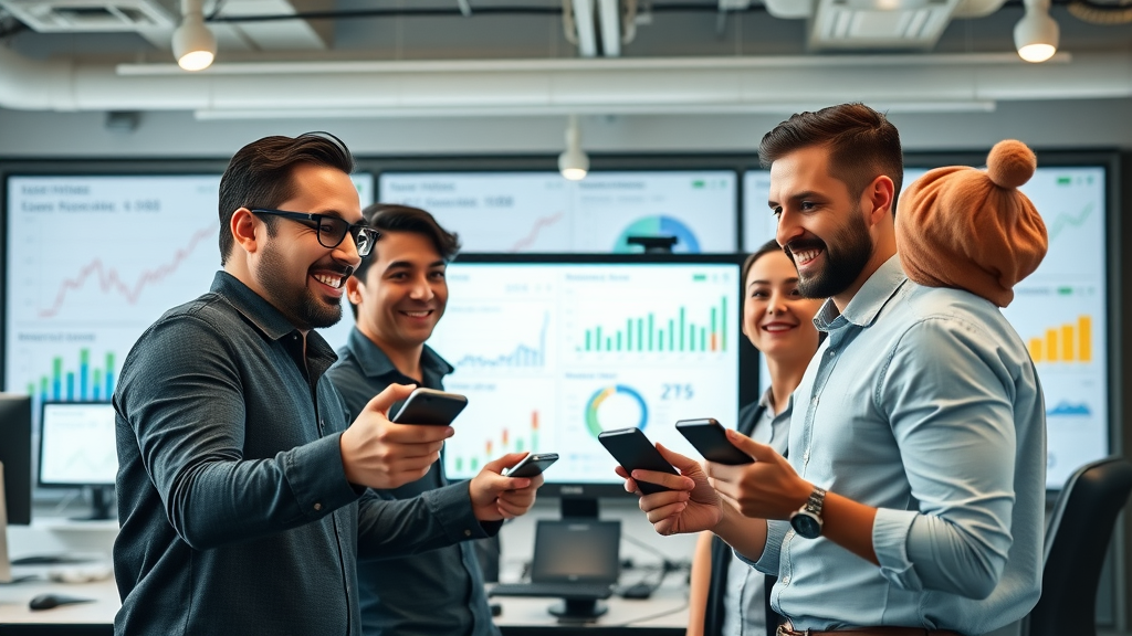 mobile video marketing brand team reviewing mobile video analytics on monitor with marketing data visualizations