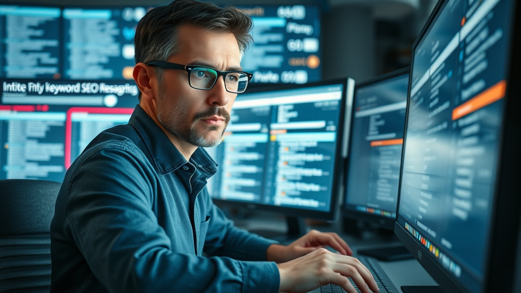 inquisitive marketing expert using SEO research tools, determined, typing and reviewing keyword data on a big monitor, tech-savvy workspace, digital displays, keyword clouds and highlighted search bars, cool tones