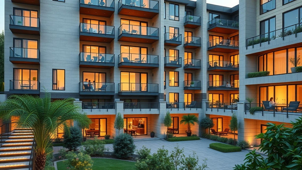 luxurious multi-family residential building illustrating advanced real estate investment strategies with families enjoying landscaped courtyards and modern balconies