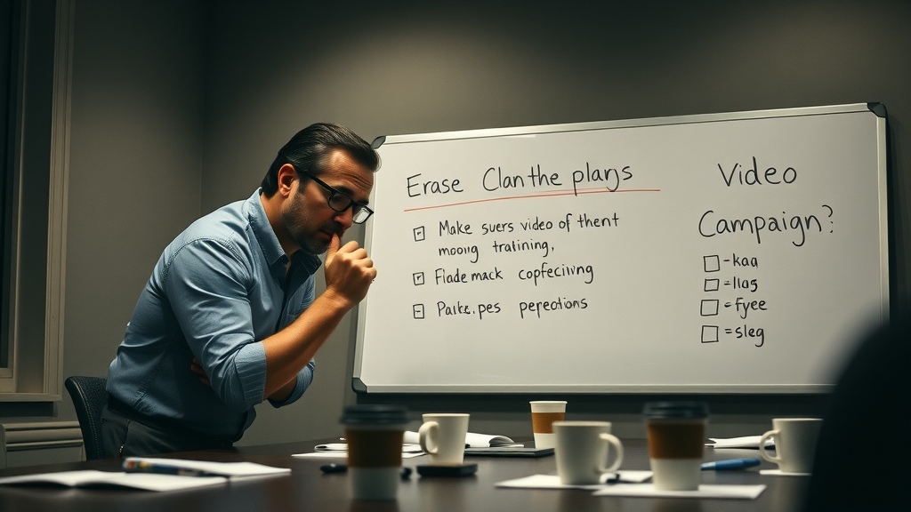 thoughtful marketer evaluating failed viral video campaign mistakes dim-lit conference room marketing campaign challenges