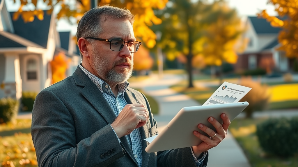 real estate agent in Illinois reviewing home price market analysis in a crisp autumn neighborhood
