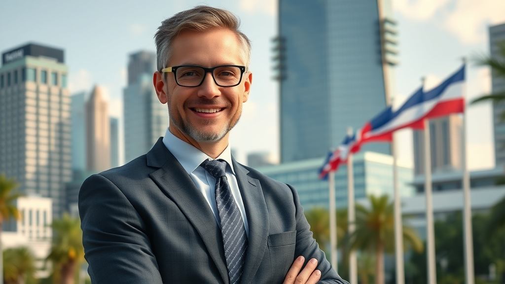 Confident professional real estate investor in front of modern city skyline real estate portfolio management