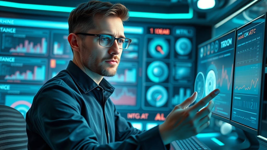 mobile video marketing AI-powered dashboard with futuristic marketer personalizing mobile video ads with advanced tech