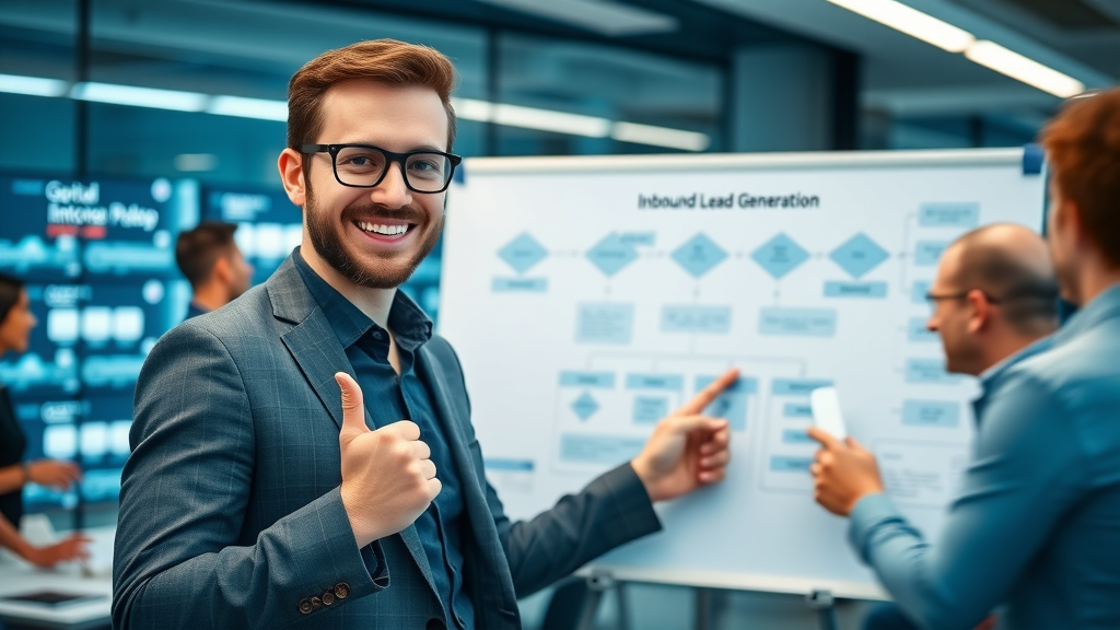 digital marketing strategist presenting inbound lead generation workflow on whiteboard, friendly, modern tech office