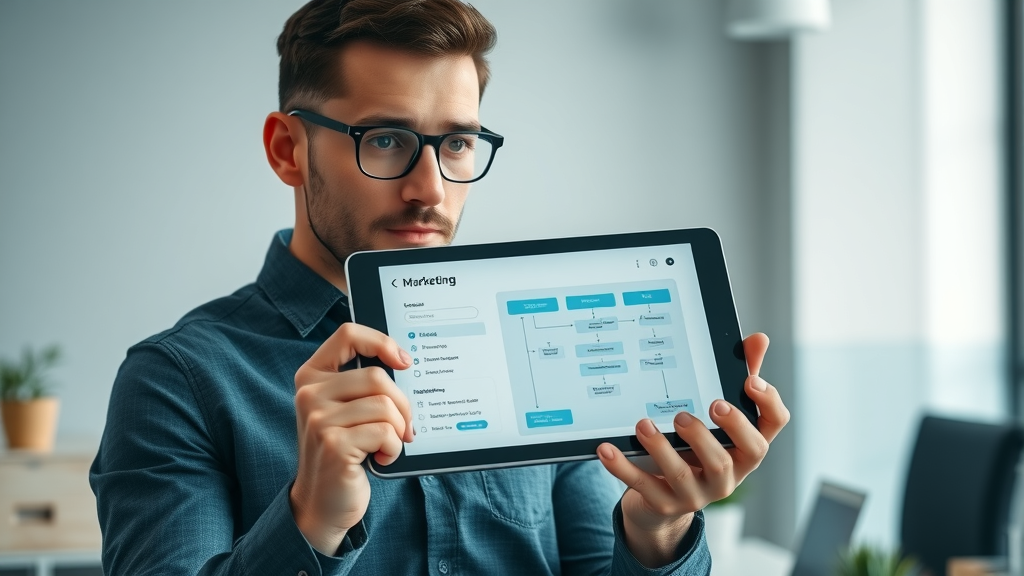 mobile video marketing professional presenting workflow on digital tablet in high-detail modern workspace