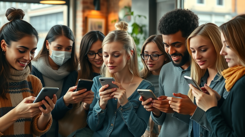 diverse group people using smartphones tablets browsing newsfeeds online news platforms urban coffee shop