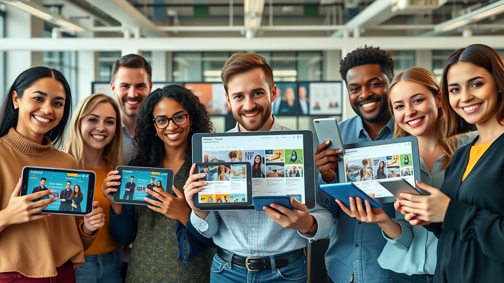 Team of digital marketers presenting types of online advertising strategies on various devices