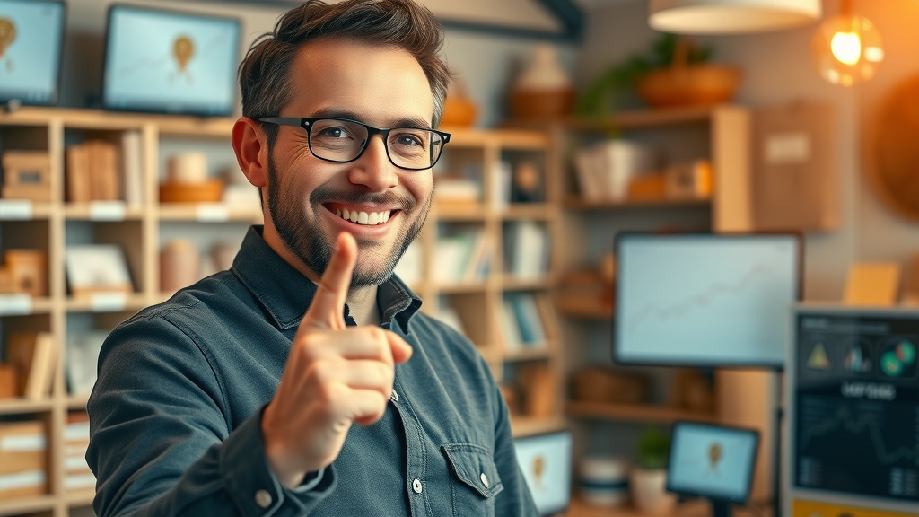 successful small business owner showing graph uptrend for local SEO ranking improvement