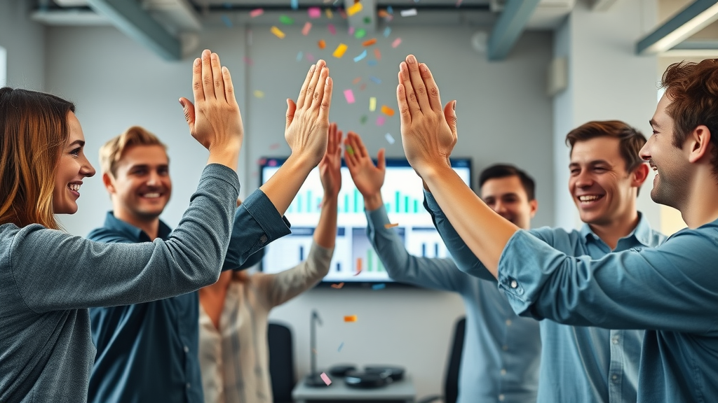 lead nurturing campaign success team celebrates conversion wins with high-fives in a bright modern space