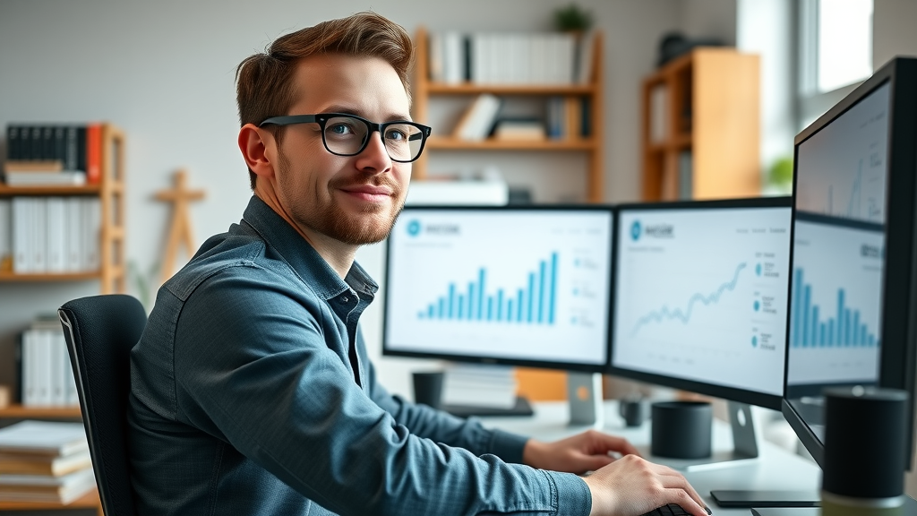 affiliate marketing analytics dashboard on dual monitors in a contemporary office, digital marketer at work