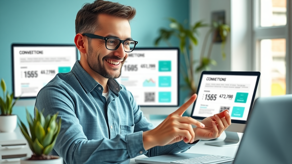 professional analyzing high-converting landing page design on multiple devices, clear conversion funnels, vibrant workspace