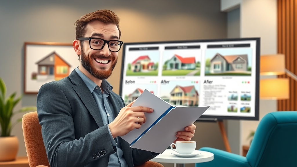 confident investor reviewing successful property flip using real estate market analysis in a vibrant, modern meeting room