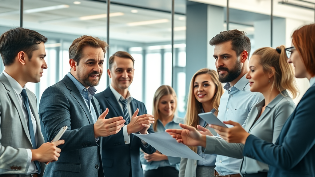 dynamic business team in modern office discussing marketing strategy for why every business needs a media fractional cmo in 2025, glass-walled background, digital screens, lively collaborative energy, photorealistic